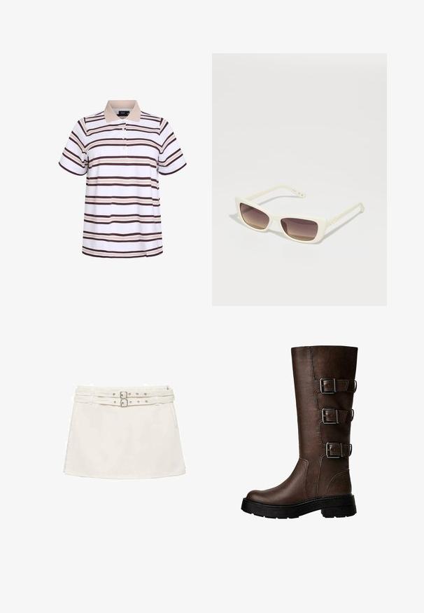 Hnědá semišová bunda s vykrojeným límcem, zapínáním na jeden knoflík a hladkou podšívkou. Obsahuje pět knoflíkových detailů na přední straně.; Polo tričko s krátkým rukávem, vyrobené z bílé látky s hnědými a béžovými horizontálními pruhy. Límec s třemi knoflíky.; Bílé denimové mini sukně s dvojitým opaskem v pase, s kovovými prvky a plochou, hladkou strukturou. Jednoduchý, ležérní design.; Hnědá kožená vysoká bota po kolena se třemi kovovými sponami, texturovaným povrchem, zaoblenou špičkou a robustní podrážkou pro stabilitu.; Bílé sluneční brýle s obdélníkovým rámem a hnědými gradientovými čočkami. Mají hladký plastový povrch a logo na straně nožičky.; Stradivarius SET - Náramek - dark brown