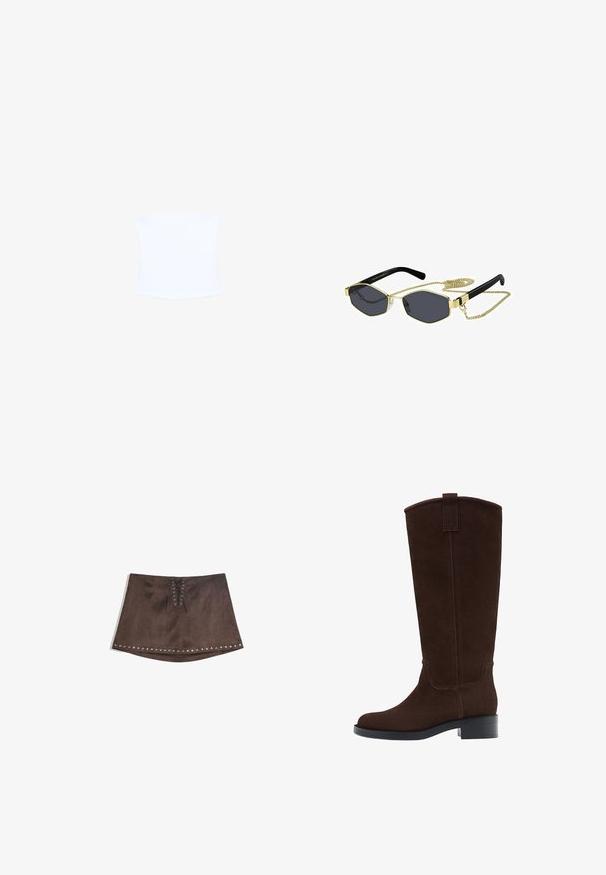Giacca in suede marrone con colletto a punta, chiusura con un bottone e fodera interna morbida. Presenta cinque dettagli a bottone sul davanti.; Top bianco senza spalline con silhouette aderente, texture liscia e curva sottile all'orlo. Nessun motivo o hardware visibile.; Mini gonna in finta suede marrone con dettagli in pizzo frontale e borchie argentate lungo l'orlo. Texture liscia, forma ad A e lunghezza corta.; Stivali al ginocchio in suede marrone con punta arrotondata, cuciture sottili e tacco basso a blocco; presentano un laccio nella parte superiore per una facile calzata.; Occhiali da sole ottagonali con lenti scure, dettagli in metallo dorato e stanghette in plastica nera; comprende una catena dorata rimovibile.