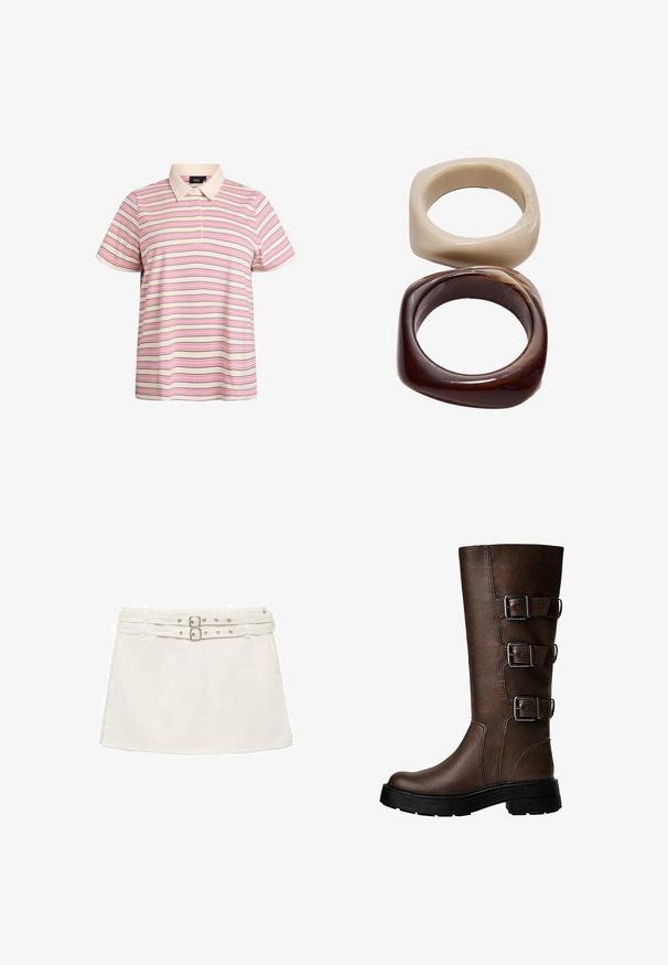 Brun mocka jacka med slagkrage, enknappsstängning och slät innerfoder. Har fem knappdetaljer längs framsidan.; Randig polo-skorta i krämfärgad, rosa och brun. Kortärmad, klassisk krage, tvåknappsstängning. Slitstark, lättviktig tyg.; Vit denim minikjol med dubbelbälte i midjan, med silverfärgade detaljer och en platt, slät yta. Enkel, avslappnad design.; Bruna läderstövlar som går upp till knäna, med tre metallspännen, texturerad yta, rund tå och kraftig sula för stabilitet.; Stradivarius SET - Armband - dark brown