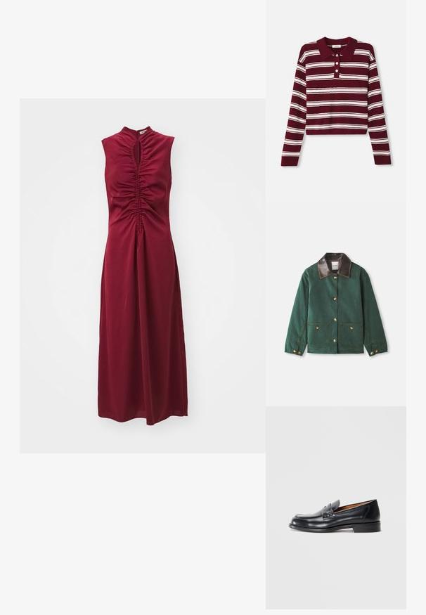 Zöld vászon dzseki barna bőr gallérral, arany gombokkal zárva, két elülső zsebbel és kontrasztos varrási részletekkel.; Burgundi hosszú ujjú póló pulóver fehér vízszintes csíkokkal, galléros nyakkal és három gombbal az elején. Puha tapintású.; Burgundi ujj nélküli ruha gyűrődésekkel, magas nyakkivágással és kulcslyuk szabással. Simább anyag, földig érő, testhez simuló felsőrész és áramló szoknya.; Fekete bőrcipő, lekerekített orral, varrott díszítéssel és sima felülettel. Alacsony sarokkal és slip-on kivitelezéssel rendelkezik.