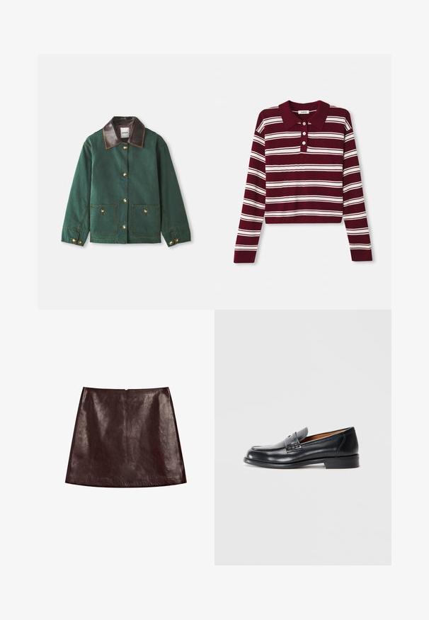 Groene canvas jas met een bruin leren kraag, voorzien van gouden knoopsluitingen, twee voorzakken en contrasterende stikseldetails.; Bordeaux lange mouwen polo trui met witte horizontale strepen, voorzien van een kraag en drie knopen aan de voorkant. Zachte textuur.; Bordeaux leren A-lijn rok met een zachte, glanzende textuur. Voorzien van een verborgen rits aan de achterkant en een strakke, gestroomlijnde uitstraling.; Zwarte leren instapper met een ronde neus, gestikte details en een gladde textuur. Voorzien van een lage hak en een slip-on ontwerp.