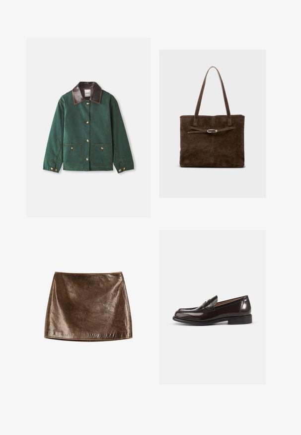 Giacca in tela verde con colletto in pelle marrone, dotata di chiusura con bottoni dorati, due tasche frontali e dettagli di cucitura a contrasto.; Maglione polo a maniche lunghe bordeaux con strisce orizzontali bianche, dotato di colletto e tre bottoni frontali. Texture morbida.; Mini gonna metallica marrone con una texture liscia e lucida. Caratterizzata da un design semplice e linee pulite, con un orlo dritto in fondo.; Mocassini in pelle color bordeaux con una finitura lucida, caratterizzati da una punta cucita e una piccola fascia decorativa sul davanti. Tacco basso e impilato.; Borsa tote in suede marrone con manici lunghi, caratterizzata da un corpo piatto e una tracolla decorativa con accentuazione in metallo di colore argento.