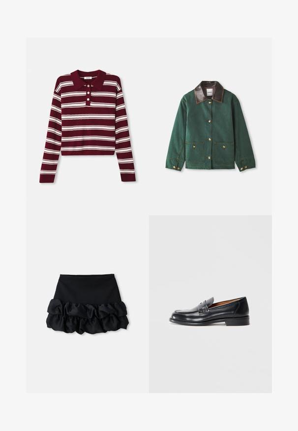 Zöld vászon dzseki barna bőr gallérral, arany gombokkal zárva, két elülső zsebbel és kontrasztos varrási részletekkel.; Burgundi hosszú ujjú póló pulóver fehér vízszintes csíkokkal, galléros nyakkal és három gombbal az elején. Puha tapintású.; Fekete mini szoknya, amely illeszkedő topból készült, és alján három réteg fodros anyag található, sima textúrával és tiszta vonalakkal.; Fekete bőrcipő, lekerekített orral, varrott díszítéssel és sima felülettel. Alacsony sarokkal és slip-on kivitelezéssel rendelkezik.