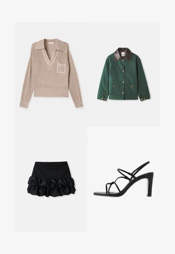 Grüne Canvas-Jacke mit braunem Lederkragen, ausgestattet mit goldenen Knopfverschlüssen, zwei Fronttaschen und kontrastierenden Nähten.; Beige Strickpullover mit Kragen, V-Ausschnitt, langen Ärmeln und einer Brusttasche. Mit kontrastierendem weißen Besatz entlang des Kragens und der Taschenkante.; Schwarzer Minirock mit tailliertem Oberteil und drei Lagen aus gerafftem Stoff am Saum, mit glatter Textur und klaren Linien.; Schwarze Absatzsandalen mit dünnen Riemen, strukturiertem Finish, offener Zehenpartie und einem eleganten, spitzen Absatzdesign. Verfügt über eine glatte Innensohle und eine glänzende Oberfläche.