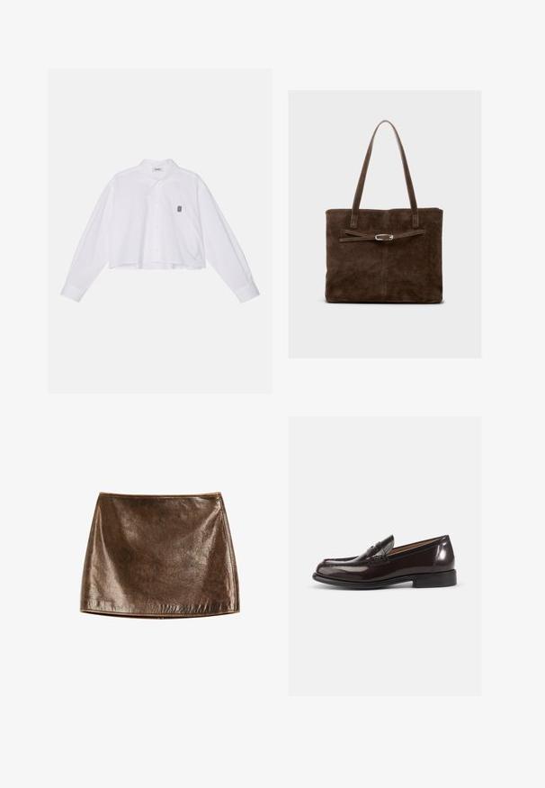 Green canvas jacket with brown leather collar, featuring gold button closures, two front pockets, and contrasting stitching details.; White cropped button-up shirt with long sleeves, featuring a classic collar and a small black embroidered logo on the left chest.; Brown metallic mini skirt with a smooth, shiny texture. Features a simple design and clean lines, with a straight hem at the bottom.; Burgundy leather loafers with a glossy finish, featuring a stitched toe and a small decorative strap on the front. Low stacked heel.; Brown suede tote bag with long handles, featuring a flat body and a decorative strap with a silver-tone hardware accent.