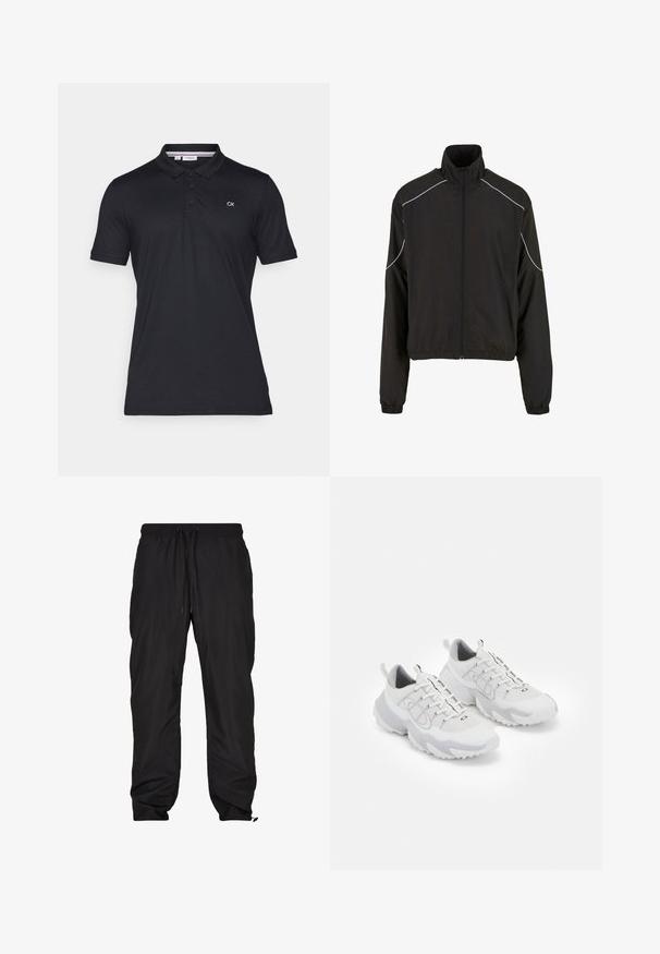 Must värviga kerge jakk kõrge kraega ja lukuga. Omab elastseid mansette ja valgeid aktsentjooni õlgade ääres. Sujuv tekstuur.; Mustmust värvi puuvillane polo särk, millel on kahe nupuga plisseer ja lühikesed varrukad. Vasakul rinnal on tikitud "CK" logo.; Mustad musta, kerge, veekindel püksid elastse vöökoha, reguleeritava nööriga, küljetaskute ja kitsenevate pahkluudega.; Valged spordijalatsid, millel on võrgust ülemine osa, hallid aktsendid, tekstuurne kummist talla ja tõmbenöörid kandis; sisaldavad paeltega sulgemist.