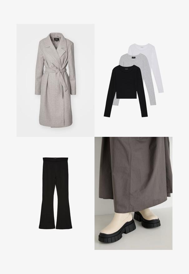 Light grey wool-blend coat with long sleeves, a belted waist, notch collar, and two front pockets. Features a smooth, soft texture.; Three long-sleeve tops stacked: black, grey, and white. Each has a round neckline and a cropped design with smooth, lightweight fabric.; Black flare leggings made from stretchy fabric. Features a wide waistband and a smooth texture, with a fitted silhouette that flares at the hem.; Beige ankle boots with a chunky black platform, smooth leather upper, and rounded toe. A gray skirt partially covers them.
