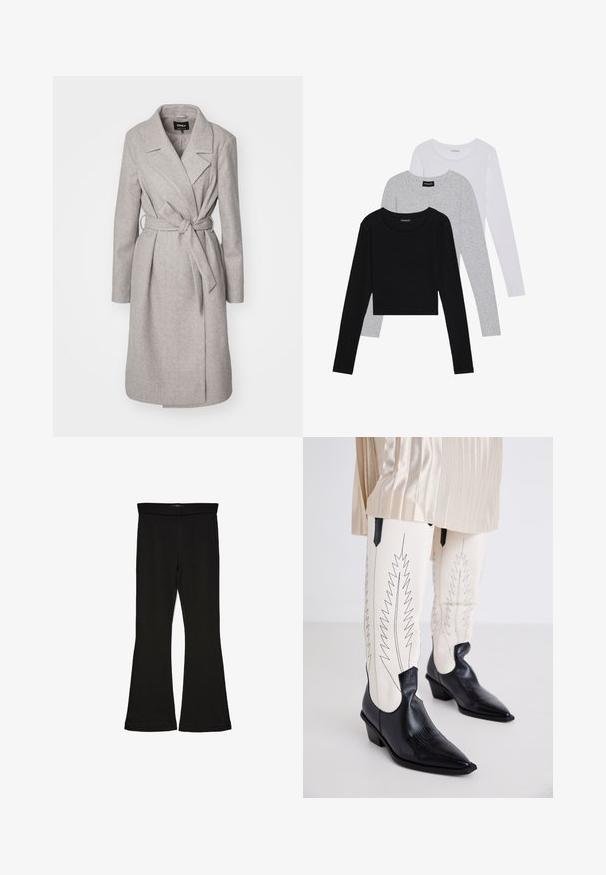 Lichtgrijze wolmixjas met lange mouwen, een ceintuur in de taille, een notch-kraag en twee voorzakken. Heeft een gladde, zachte textuur.; Drie langmouwige tops gestapeld: zwart, grijs en wit. Elke top heeft een ronde halslijn en een cropped ontwerp van soepel, lichtgewicht materiaal.; Zwarte flare leggings gemaakt van rekbaar materiaal. Beschikt over een brede tailleband en een zachte textuur, met een getailleerd silhouet dat uitloopt bij de zoom.; Zwarte cowboylaarzen met een gestructureerde afwerking, puntige neuzen en lage blokhakken, gecombineerd met witte aansluitende broeken met zigzag zwart stiksel.