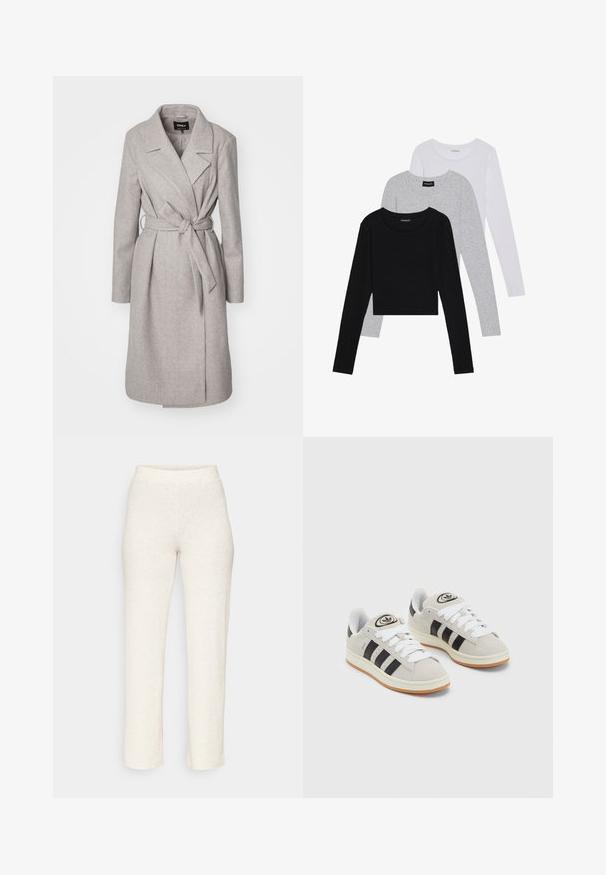 Lys grå uld-blandingsfrakke med lange ærmer, bælte i taljen, sjalskrave og to forlommer. Har en glat, blød tekstur.; Tre langærmede toppe stablet: sort, grå og hvid. Hver har en rund halsudskæring og et cropped design med glat, let stof.; Cremefarvede ribbede bukser med en tætsiddende talje og lige ben, fremstillet af et blødt, tekstureret stof. Ingen synlige mønstre eller accenter.; Grå ruskinds sneakers med hvide snørebånd, sorte striber og en hvid gummisål. Har et rundt logo på tungen og en gummisål.