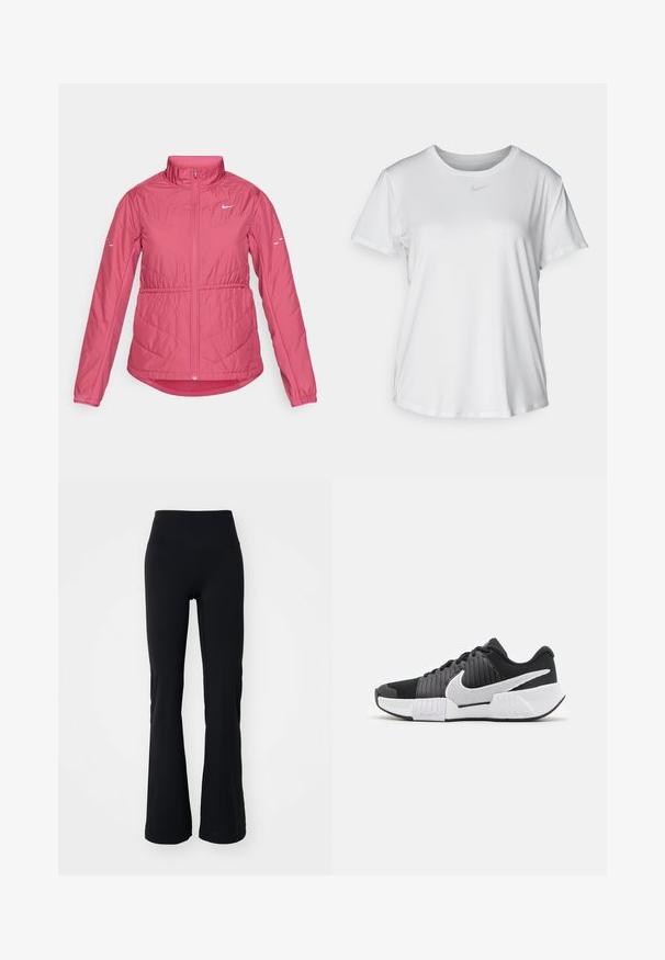 Roza, izolirana jakna z visokim ovratnikom, polnim zadrgo, elastičnimi manšeti in chevron šivom. Ima majhen bel logotip na prsih.; Bela kratka majica s kratkimi rokavi, izdelana iz gladkega blaga, z okroglim izrezom in majhnim sivim logotipom Nike na prsih.; Črne flare legice iz elastičnega materiala, z visokim pasom in gladko teksturo brez vidnih vzorcev ali okrasnih elementov.; Črno-bele športne čevlje z teksturirano zgornjim delom, izrazitim Nike swooshom in kontrastnim dizajnom podplata za izboljšano oprijemljivost in stabilnost.