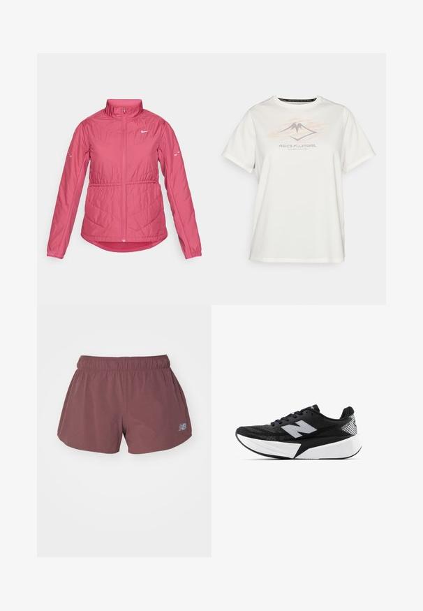 Pink, insulated jacket with a high collar, full front zip, elastic cuffs, and chevron stitching detail. Features a small white logo on the chest.; ASICS FUJITRAIL LOGO TOP - Sports T-shirt - cream; New Balance SHORT - Sports shorts - licorice; Black and white New Balance running shoe with thick sole, mesh upper, and "N" logo on the side, viewed from the outer side.