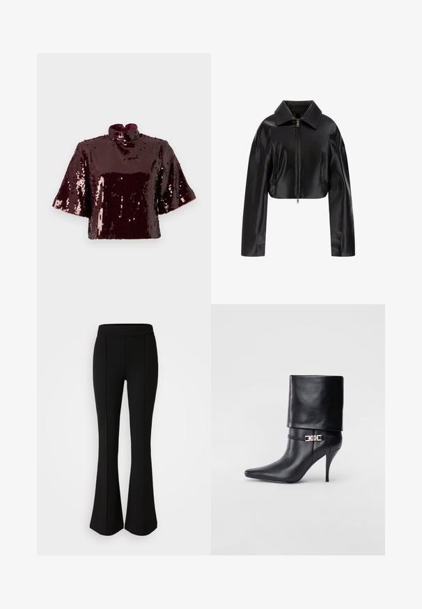 Musta lyhyt nahkatakki, jossa on kärjellinen kaulus, etuvetoketjukiinnitys ja kaksi sivutaskua. Kutsuva pinta, jossa on kiiltävä viimeistely.; Burgundy-värinen paljettitrikoo, jossa on korkeakauluksinen malli ja lyhyet hihat. Rakenteellinen pinta, jossa on heijastavia paljetteja, luoden kiiltävän ulkonäön.; Mustat levenevät housut, jotka on valmistettu joustavasta materiaalista, jossa on sileä pinta. Housuissa on saumurivia etupuolella lisäsuunnittelua varten.; Musta nahkasaapas nilkkapituudella, teräväkärkinen, korkea stiletto-korko, käännettävä varsi ja kultainen koristeellinen solki nilkassa.