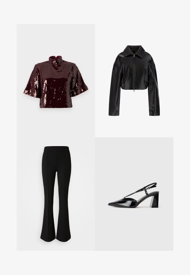 Veste en cuir noire cropped avec un col pointu, fermeture éclair à l'avant et deux poches latérales. Texture lisse avec une finition brillante.; Top court en sequins bordeaux avec un col montant et des manches courtes. Surface texturée avec des sequins réfléchissants, créant une apparence brillante.; Pantalons évasés noirs en tissu extensible avec une texture lisse, comportant des détails de couture sur le devant pour un aspect esthétique supplémentaire.; Chaussures à talons hauts en cuir verni noir, avec un bout pointu, une sangle réglable et un talon rectangulaire épais.