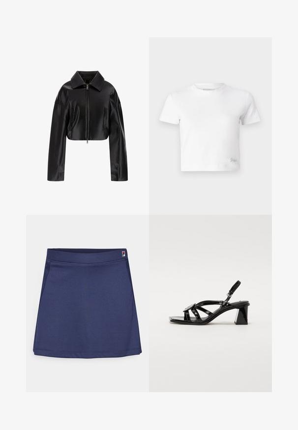 Fekete, cropped bőrdzseki hegyes gallérral, elülső cipzáras záródással és két oldalsó zsebből. Simább textúra fényes felülettel.; Fehér, rövid szabású, sima pamut póló, magas nyakkivágással és rövid ujjakkal. Kicsi hímzett logó az alsó sarokban.; Tengerészkék sport szoknya rugalmas anyagból, lapos derékkal és egy kis logó címkével a jobb felső sarokban. Simaszerkezet.; Fekete lakkbőr, nyitott orrú, magas sarkú szandál széles pántokkal, állítható csattal és geometrikus blokkfallal.