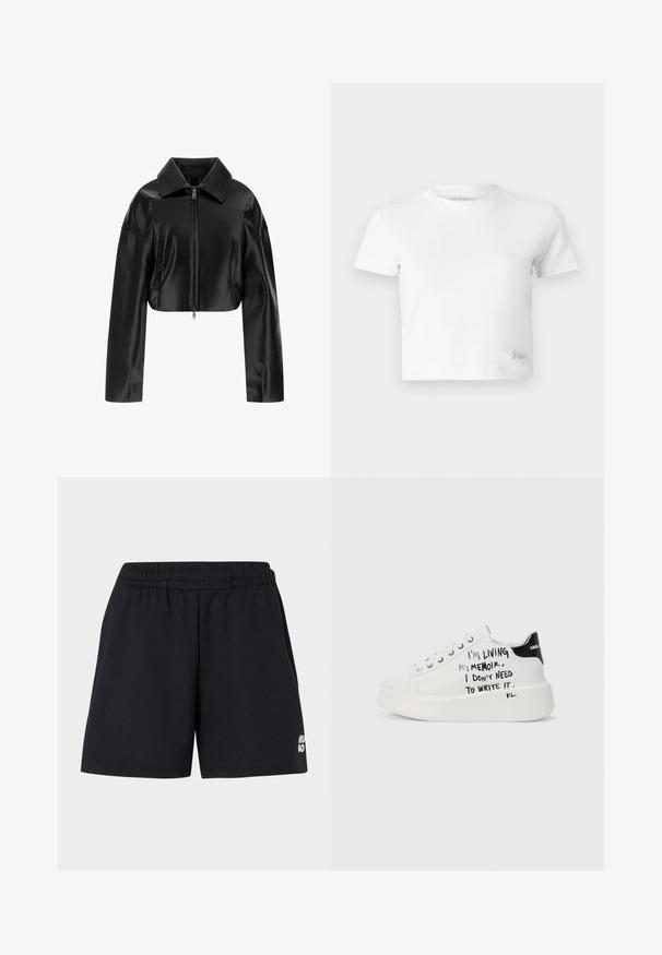 Juodas trumpas odinis švarkas su smailiu apykakle, priekyje užtrauktukas ir dvi šoninės kišenės. Lygus paviršius su blizgiu apdaila.; Balta trumpa marškinėlių suapvalinta iš lygios medvilnės, su aukštu iškirpimu ir trumpomis rankovėmis. Mažas išsiuvinėtas logotipas apatinėje kampe.; Juodi šortai su elastinga juosmeniu, pagaminti iš minkštos medžiagos. Pasižymi mažu baltu "HUGO" logotipu kairėje apatinėje pusėje.; Baltos platformos sportbačiai su juodais akcentais, turintys tekstūruotą pado ir ranka rašytą tekstą šonuose. Lygus odos paviršius.