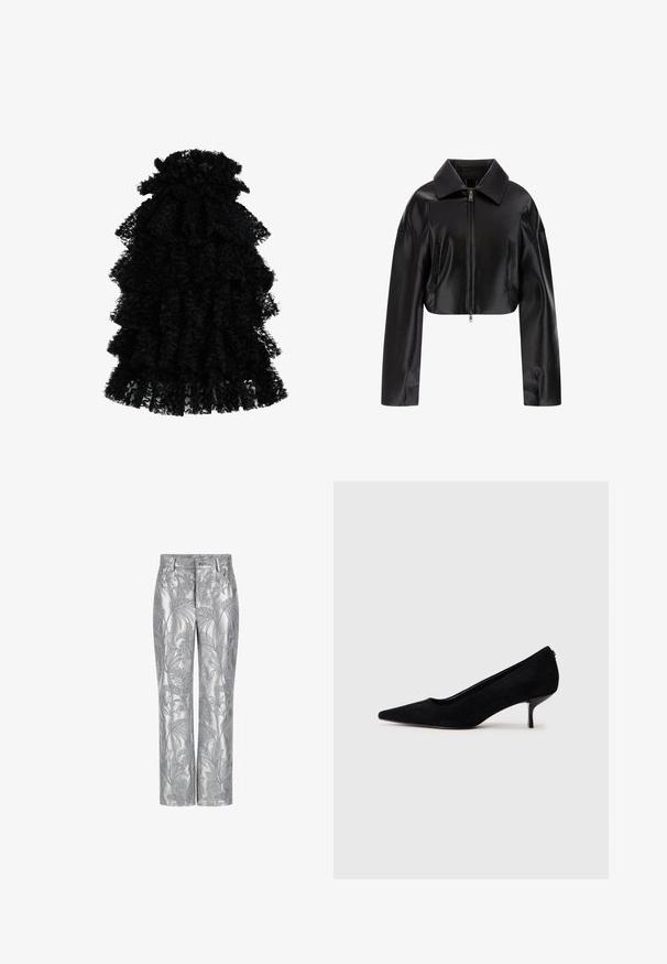 Sort cropped læderjakke med spids krave, frontlynlås og to sidelommer. Glat tekstur med en skinnende overflade.; Sort rynket kjole lavet af tekstureret stof, der har flere lag og en samlet halsudskæring, hvilket skaber en voluminøs silhuet.; Sølv broderede bukser med et bladmønster, lige ben design og en glat, blank tekstur. Funktionelle lommer og knaplukning.; Sort ruskind højhælet sko med spids tå og en slank, lav hæl. Glat tekstur med et strømlinet design, uden synlig hardware.