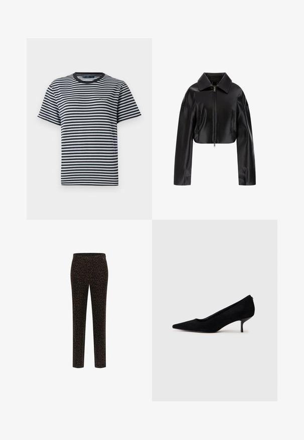 Zwarte cropped leren jas met een puntige kraag, ritssluiting aan de voorkant en twee zijzakken. Gladde textuur met een glanzende afwerking.; Gestreepte t-shirt met zwart-witte horizontale strepen, ronde halslijn en korte mouwen. Gemaakt van zachte, lichte stof.; Zwarte broeken met een luipaardprint in bruintinten, slim-fit ontwerp, elastische taille, soepele stof en rechte pijpen.; Zwarte suède hoge hak met een spitse neus en een slanke, lage hak. Gladde textuur met een strakke vormgeving, zonder zichtbare hardware.