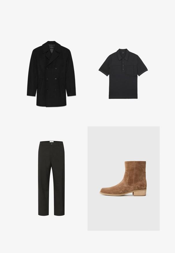 Schwarzer, doppelt geknöpfter Wollmantel mit breiten Revers, sechs schwarzen Knöpfen und zwei schrägen Seitentaschen, flach auf weißem Hintergrund präsentiert.; Reiss REGULAR FIT BLINKER PRESS STUD SEAM DETAIL - Poloshirt - navy; Schwarze Hose mit glatter Textur, geradem Bein-Design, Knopfverschluss und Gürtelschlaufen. Hat einen minimalistischen Look und keine sichtbaren Muster.; Braune Wildleder-Ankle-Boots mit leicht abgerundeter Zehenpartie, niedrigem, gestapeltem Holzabsatz, elastischen seitlichen Einsätzen und glatten Nähten entlang der Säume.