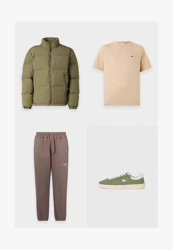 Olijfgroen gewatteerde jas met hoge kraag. Voorkant met ritssluiting, elastische manchetten en een klein logo op de linkerkant van de borst. Gladde textuur.; Beige katoenen T-shirt met een ronde hals en korte mouwen; heeft een klein, geborduurd groen krokodillenlogo aan de linkerkant.; Bruine katoenen joggers met een elastische tailleband en boorden, voorzien van een klein wit logo op het linkerbeen.; Groene canvas sneakers met witte veters en een witte hielkap. Heeft een wit Lacoste-logo. Klassieke laag uitgesneden silhouette en rubberen zool.
