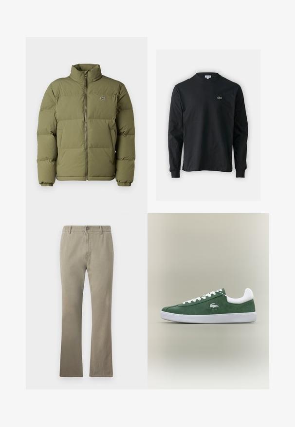 Alyvuogių žalios spalvos pūkinė striukė su aukštu apykakle. Priekyje užtrauktukas, elastingi rankogaliai ir mažas logotipas kairėje krūtinės pusėje. Lygi tekstūra.; Juodas ilgomis rankovėmis marškinėliai iš medvilnės, turintys apvalią iškirptę ir mažą žalią išsiuvinėtą krokodilo logotipą kairėje krūtinės pusėje.; Bežiniai medvilniniai kelnės su tiesiu kirpimu, turinčios mygtuko užsegimą, diržo kilpas ir šiek tiek tekstūruotą paviršių, tinkamos kasdieniam dėvėjimui.; Žemas profilio žalias deineris su baltomis raištelėmis, baltu padu, paminkštintu kulkšnies apvadu ir siuvinėjamu krokodilo logotipu su tekstu "EST. 1933".