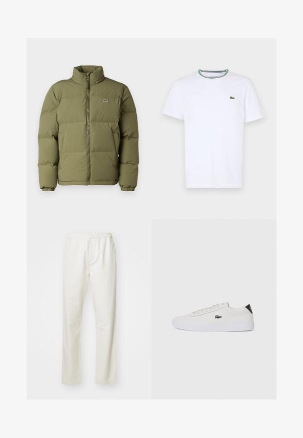 Casaco acolchoado de cor verde oliva com gola alta. Fecho frontal em zíper, punhos elásticos e um pequeno logótipo no peito esquerdo. Textura suave.; T-shirt branco de algodão de mangas curtas com colarinho canelado, apresentando riscas verdes e pretas; pequeno logotipo verde bordado no lado esquerdo do peito.; Calças de algodão brancas com um cós elástico e um design de perna reta, apresentando uma textura suave e sem padrões ou detalhes visíveis.; Sapatilha de couro branco com biqueira arredondada, atacadores na frente e detalhe preto no calcanhar. Apresenta um pequeno logótipo de crocodilo bordado na lateral.