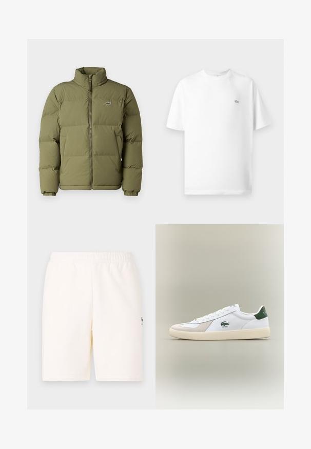 Olijfgroen gewatteerde jas met hoge kraag. Voorkant met ritssluiting, elastische manchetten en een klein logo op de linkerkant van de borst. Gladde textuur.; Witte katoenen t-shirt met een ronde hals en korte mouwen. Bevat een klein zwart Lacoste-logo aan de linkerkant van de borst.; Crème-kleurige shorts met een elastische tailleband, gemaakt van zachte stof, met een klein logo op de onderkant van het linkerbeen.; Witte sneaker met groene accenten, gemaakt van suede en leer, met een ronde neus, een textuur outsole en een geborduurd logo op de zijkant en op de tong.