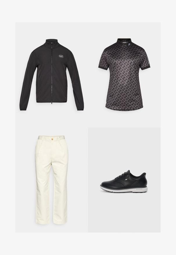 Veste noire zippée avec un col montant, fabriquée en tissu léger. Elle présente des manches longues et un petit logo EA7 sur le haut de la poitrine gauche.; J.LINDEBERG Sports TOUR TECH PRINT - Polo - tonal black; Pantalon en coton blanc avec une coupe décontractée, doté de plis sur le devant et d'une fermeture par bouton. Le tissu a une texture lisse.; Baskets Skechers noires en cuir avec lacets et semelle blanche, logo sur le côté et texture de grip sur la semelle, sur fond clair uni.