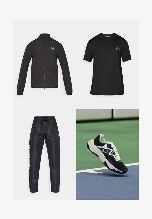 Juodas zip-up džemperis su aukštu apykakle, pagamintas iš lengvos medžiagos. Turi ilgas rankoves ir mažą EA7 logotipą viršutinėje kairėje krūtinės pusėje.; Juoda trumpa rankovė t-shirt, pagaminta iš minkštos medžiagos, su apvaliu kaklu ir mažo balto logotipo kairėje krūtinės pusėje.; Juodi sportiniai kelnės su raišteliu juosmenyje, šoninėse dalyse turinčios baltą logotipą ir kontrastingus spalvotus elementus kelių apačioje.; Juodos ir baltos spalvos EA7 Emporio Armani sportbačiai pakabinti virš mėlynų ir žalių teniso korto linijų.