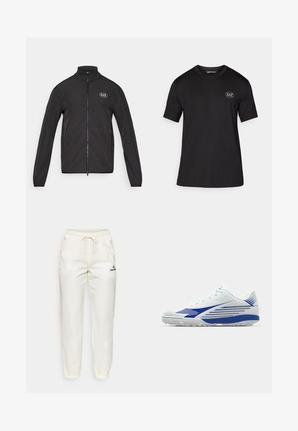 Black zip-up jacket with a high collar, made of lightweight fabric. Features long sleeves and a small EA7 logo on the upper left chest.; Black short-sleeve t-shirt made from soft fabric, featuring a round neckline and a small white logo on the left chest area.; Cream-colored, lightweight fabric pants with an elastic waistband and drawstring. Features tapered legs and a small black logo detail.; White athletic shoe with blue accents, textured mesh upper, curved design, and rubber outsole with grip patterns. Laced closure for secure fit.