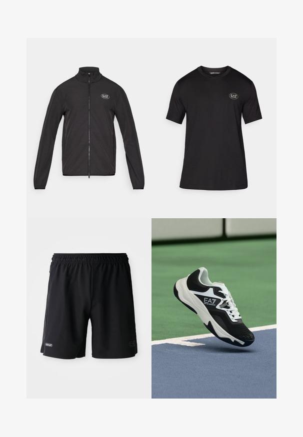Jachetă neagră cu fermoar, cu guler înalt, realizată dintr-un material ușor. Dispune de mâneci lungi și un mic logo EA7 pe partea stângă sus a pieptului.; Tricou scurt cu mânecă neagră, fabricat dintr-un material moale, având un guler rotund și un mic logo alb în partea stângă a pieptului.; Șorturi sport din material elastic negru, cu logo-uri subtile "VENTUS7" și "EA7 Emporio Armani" pe părțile frontale, pe un fundal alb.; Pantof sport EA7 Emporio Armani alb-negru suspendat deasupra liniilor albastre și verzi ale unui teren de tenis.