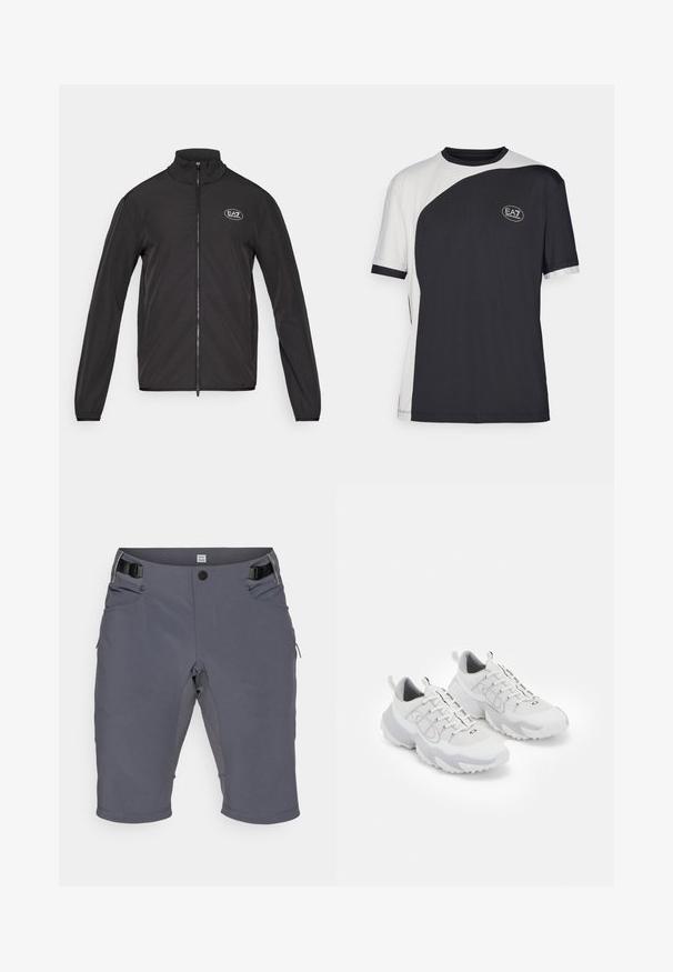 Črna zip-up jakna z visokim ovratnikom, izdelana iz lahkega materiala. Ima dolge rokave in majhen EA7 logotip na zgornjem levem prsnem delu.; Majica s kratkimi rokavi s dvobarvnim dizajnom v črni in beli barvi, z gladko teksturo in logotipom EA7 na sprednji strani.; Sive kratke hlače iz raztegljive tkanine, z gumbom, prilagodljivim pasom in več stranskimi žepi. Gladka tekstura, dolžina do kolen.; Bela športna obutev z mrežasto zgornjim delom, sivo obrobje, teksturiran gumijast podplat in zankami na peti; vključuje vezalni dizajn.