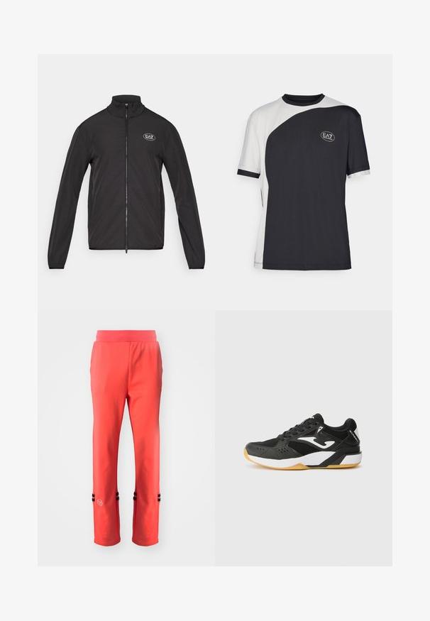 Črna zip-up jakna z visokim ovratnikom, izdelana iz lahkega materiala. Ima dolge rokave in majhen EA7 logotip na zgornjem levem prsnem delu.; Majica s kratkimi rokavi s dvobarvnim dizajnom v črni in beli barvi, z gladko teksturo in logotipom EA7 na sprednji strani.; Koralne športne hlače z širokim pasom, ki imajo črne črtaste akcentne obrobe na robu in majhen logotip na levi strani. Gladka tekstura.; Črne športne copate iz mrežaste in sintetične snovi; vključujejo bele akcentne barve, teksturiran podplat in obliko zaobljenega prsta.