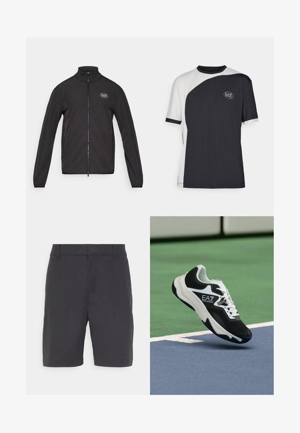 Casaco preto com fecho até ao pescoço, feito de tecido leve. Apresenta mangas longas e um pequeno logo EA7 no canto superior do lado esquerdo do peito.; T-shirt de manga curta com um design bicolore em preto e branco, com uma textura suave e um logo EA7 na frente.; Calções cinza-escuro feitos de um tecido suave, com uma frente lisa, dois bolsos laterais e uma bainha que cai logo acima do joelho.; Ténis EA7 Emporio Armani a preto e branco suspenso acima das linhas azuis e verdes de um tribunal de ténis.