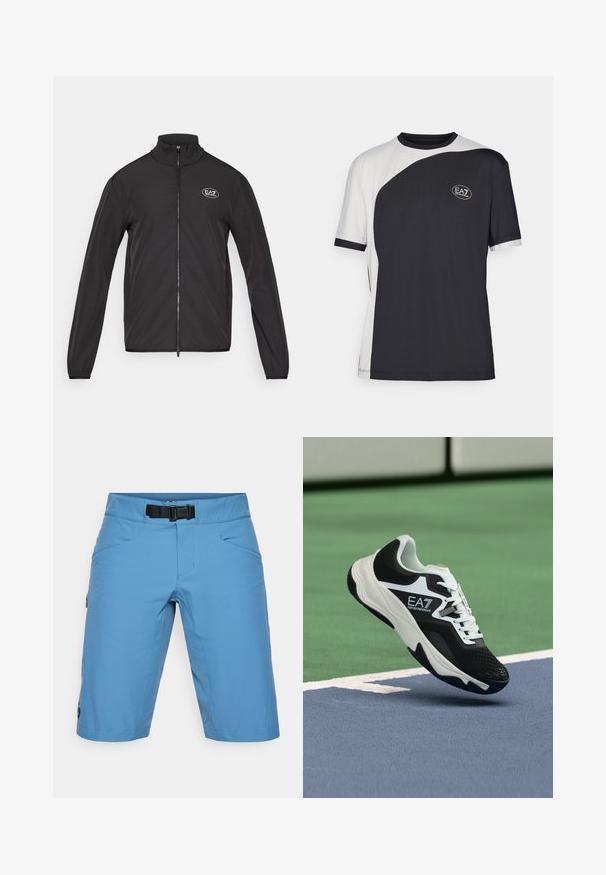 Mustasta vetoketjullisesta takista, jossa on korkea kaulus ja kevyt kangas. Takissa on pitkät hihat ja pieni EA7-logo vasemmassa ylärinnan kohdalla.; Lyhythihainen t-paita, jossa on kaksivärinen musta-valkoinen muotoilu, sileä pinta ja EA7-logo etupuolella.; Vaaleansiniset shortsit, joissa on vyö, valmistettu sileästä kankaasta. Kahden etutaskun lisäksi sivussa on vetoketjullinen tasku.; Musta-valkoinen EA7 Emporio Armani -lenkkari roikkuu sinisten ja vihreiden tenniskentän viivojen yllä.