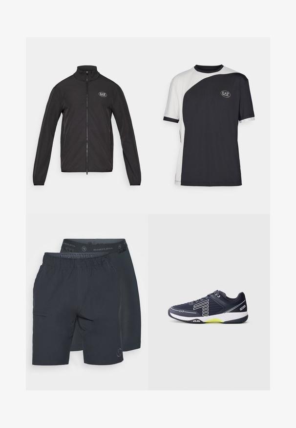 Casaco preto com fecho até ao pescoço, feito de tecido leve. Apresenta mangas longas e um pequeno logo EA7 no canto superior do lado esquerdo do peito.; T-shirt de manga curta com um design bicolore em preto e branco, com uma textura suave e um logo EA7 na frente.; Dois pares de calções azul-marinho escuros lado a lado. Um tem uma cintura elástica com logos, enquanto o outro apresenta um bolso na lateral.; Ténis desportivos com um upper de malha sintética azul escuro, detalhes brancos e uma sola amarela. Apresenta uma superfície texturizada e um design com atacadores.