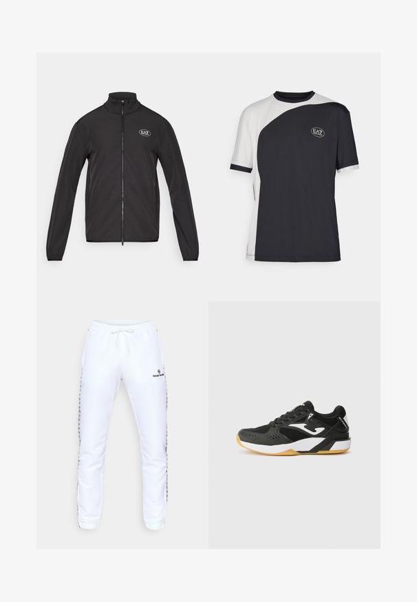 Juodas zip-up džemperis su aukštu apykakle, pagamintas iš lengvos medžiagos. Turi ilgas rankoves ir mažą EA7 logotipą viršutinėje kairėje krūtinės pusėje.; Trumpas rankovės marškinėliai, pasižymintys dviejų spalvų juodai baltu dizainu, su lygiu paviršiumi ir EA7 logotipu priekyje.; Baltos sportinės kelnės su elastinga juosta, raišteliu, šoninėmis juostomis, kuriomis puikuojasi juodi logotipai, ir mažu juodu logotipu ant šlaunies.; Juodas sportinis batai su tinkleliu ir sintetinėmis medžiagomis; turi baltus akcentus, suffliotą padas ir suapvalintą nosį.