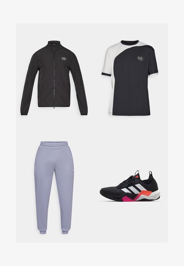 Črna zip-up jakna z visokim ovratnikom, izdelana iz lahkega materiala. Ima dolge rokave in majhen EA7 logotip na zgornjem levem prsnem delu.; Majica s kratkimi rokavi s dvobarvnim dizajnom v črni in beli barvi, z gladko teksturo in logotipom EA7 na sprednji strani.; Svetlo vijolične trenirke iz mešanice bombaža, s pasom na vrvico, rebrastimi manšetami in majhnim logotipom.; Črne športne čevlje z belimi črtami, teksturirano zgornjim delom in robustnim podplatom z oranžnimi, roza in belimi poudarki. Zavezovanje z vlečno spono.