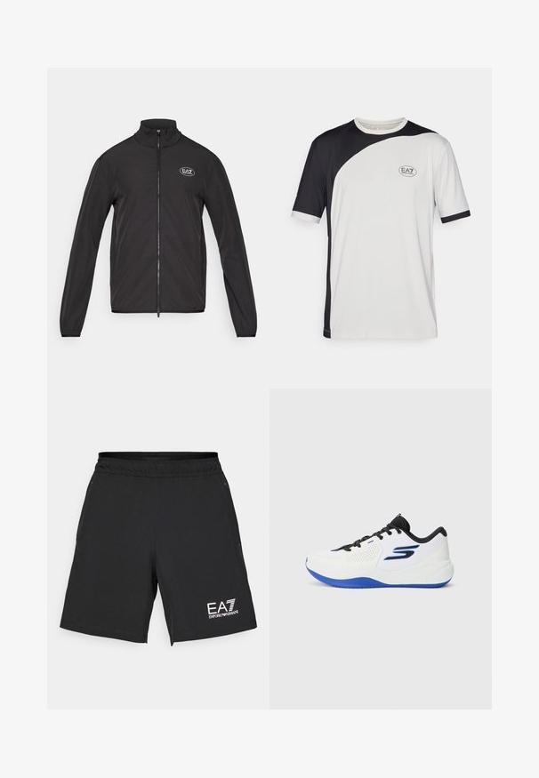 Casaco preto com fecho até ao pescoço, feito de tecido leve. Apresenta mangas longas e um pequeno logo EA7 no canto superior do lado esquerdo do peito.; Camiseta de mangas curtas com um design em blocos de cores preto e branco, feita de tecido leve. Inclui o logotipo EA7 no peito.; Calças de desporto pretas feitas de um tecido leve com uma cintura elástica. Apresenta o logótipo EA7 em branco na parte inferior direita.; Tênis atléticos brancos com detalhes em azul e cadarços pretos. Apresenta painéis de malha e uma sola acolchoada para suporte e conforto.