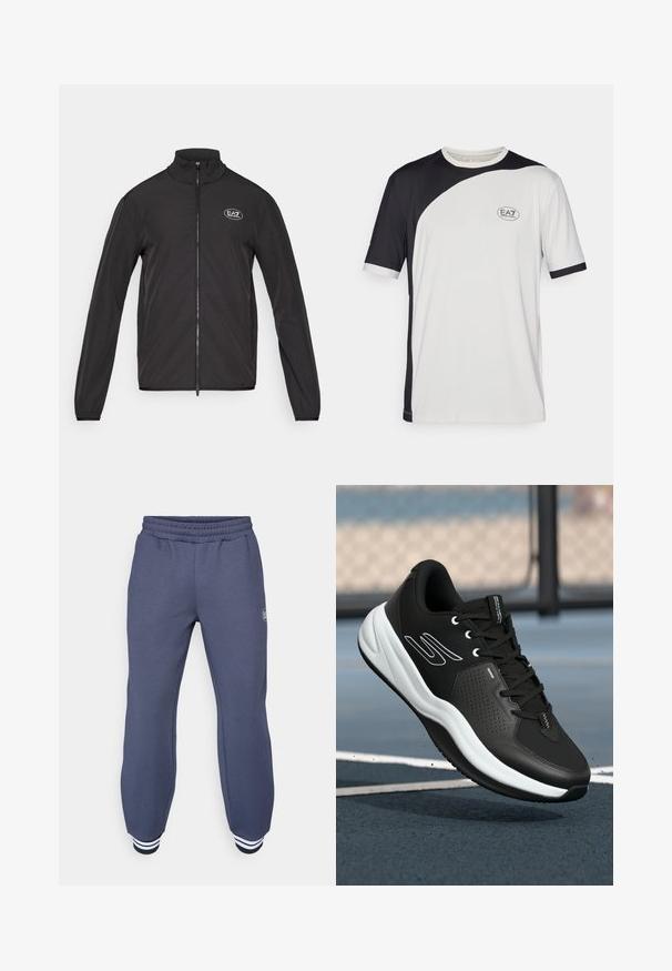 Casaco preto com fecho até ao pescoço, feito de tecido leve. Apresenta mangas longas e um pequeno logo EA7 no canto superior do lado esquerdo do peito.; Camiseta de mangas curtas com um design em blocos de cores preto e branco, feita de tecido leve. Inclui o logotipo EA7 no peito.; Calças de fato azul-marinho feitas de um tecido macio, com um cós elástico e punhos canelados com riscas brancas nos tornozelos; padrão texturizado subtil.; Ténis atléticos pretos com um upper texturizado, detalhes brancos e uma sola branca almofadada. Apresenta atacadores e um design perfurado para respirabilidade.