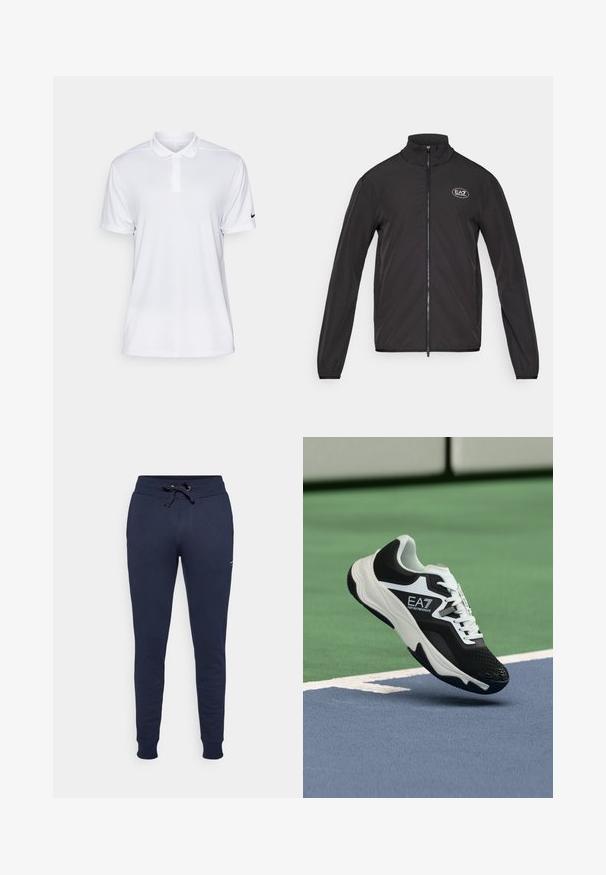 Svart zip-up jacka med hög krage, tillverkad av lättviktsmaterial. Har långa ärmar och en liten EA7-logotyp på övre vänstra bröstet.; Vit, kortärmad polo med syntetiskt tyg. Har en kragkrage och en svart Nike-logotyp på vänster ärm.; Mörkblå sweatpants i mjukt tyg, med elastisk midja och dragsko, samt avsmalnande ben med ribbade muddar.; Svartvit EA7 Emporio Armani-sneaker svävar ovanför blå och gröna tennisbana linjer.