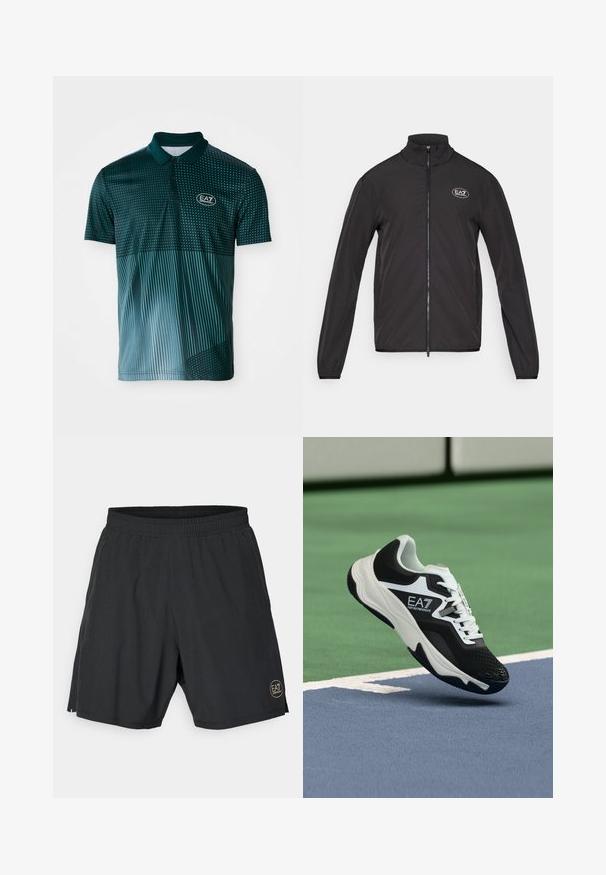 Svart zip-up jacka med hög krage, tillverkad av lättviktsmaterial. Har långa ärmar och en liten EA7-logotyp på övre vänstra bröstet.; Kortärmad polo t-shirt i mörkgrön, med prickiga och randiga mönster, tillverkad av lättviktsmaterial, med knäppning och logotyp.; Svarta träningsshorts tillverkade av lättviktsmaterial, med ett elastiskt midjeband och en gyllene cirkulär logo på nedre högra sidan.; Svartvit EA7 Emporio Armani-sneaker svävar ovanför blå och gröna tennisbana linjer.