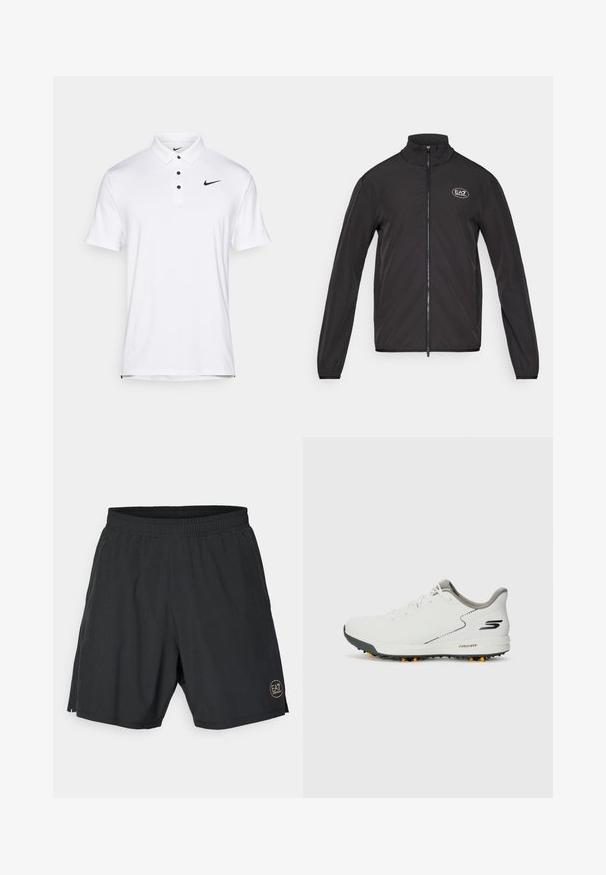 Svart zip-up jakke med høy krage, laget av lett materiale. Har lange ermer og en liten EA7-logo på øvre venstre bryst.; Hvit Nike piké med klassisk krage, tre svarte knapper og en liten svart logo på øvre venstre side. Korte ermer, glatt tekstur.; Sorte sportslige shorts laget av lett materiale, med elastisk liv, og en gullsirkel-logo nederst til høyre.; Hvit idrettssko med en glatt overdel, grå detaljer og en teksturert svart såle med oransje pigger. Lett design med fokus på komfort.