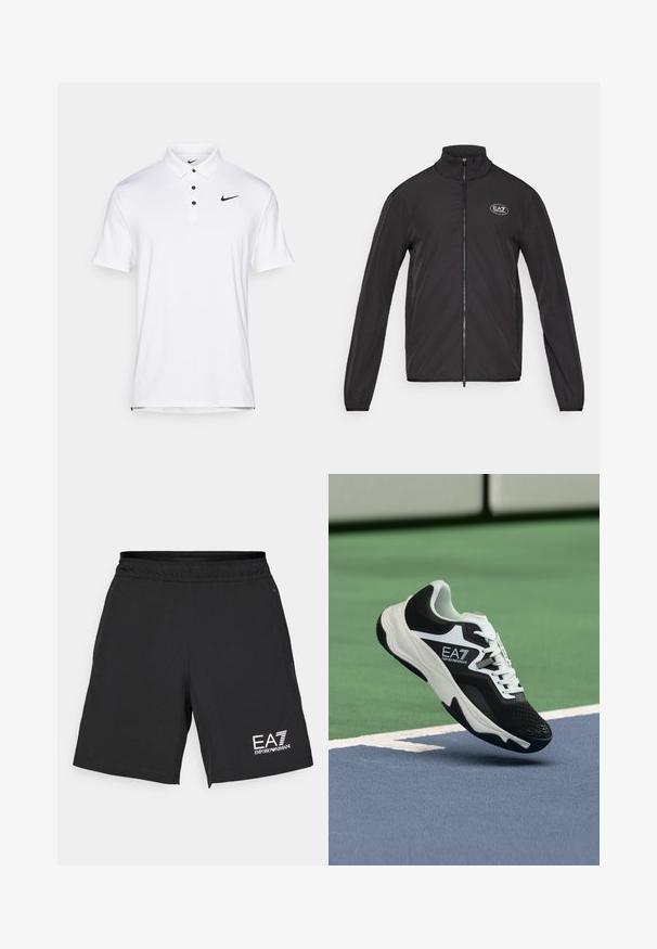 Črna zip-up jakna z visokim ovratnikom, izdelana iz lahkega materiala. Ima dolge rokave in majhen EA7 logotip na zgornjem levem prsnem delu.; Bela Nike polo majica s klasičnim ovratnikom, tremi crnimi gumbi in majhnim črnim logotipom na zgornji levi strani. Kratki rokavi, gladka tekstura.; Črne atletske kratke hlače iz lahkotnega materiala z elastičnim pasom. Imajo belo EA7 logo na spodnjem desnem delu.; Črno-beli čevelj EA7 Emporio Armani, ki visi nad modrimi in zelenimi linijami teniškega igrišča.