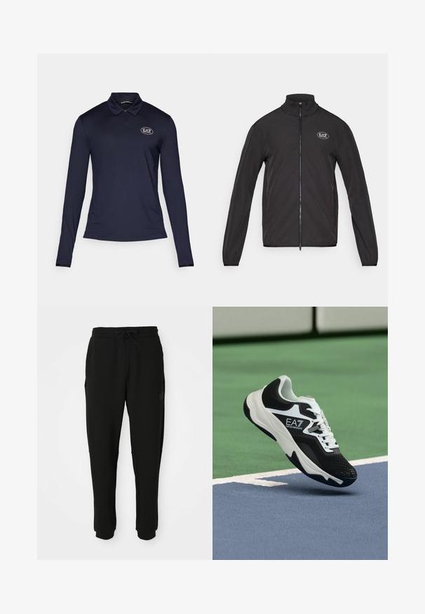 Casaco preto com fecho até ao pescoço, feito de tecido leve. Apresenta mangas longas e um pequeno logo EA7 no canto superior do lado esquerdo do peito.; Polo de manga longa azul-marinho com colarinho com zíper, tecido texturizado, apresentando um logótipo EA7 no lado esquerdo do peito. Cor sólida, design minimalista.; Calças de fato pretas, ajustadas, com cintura elástica e cordão, bolsos laterais e tornozelos com punhos, vista frontal.; Ténis EA7 Emporio Armani a preto e branco suspenso acima das linhas azuis e verdes de um tribunal de ténis.