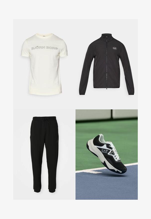Giacca nera con zip e colletto alto, realizzata in tessuto leggero. Presenta maniche lunghe e un piccolo logo EA7 sul lato sinistro del petto.; T-shirt in cotone color crema con maniche corte, caratterizzata da un audace testo nero "BJÖRN BORG" sul petto in un font arrotondato.; Pantaloni sportivi neri a sigaretta con elastico in vita e cordino, tasche laterali e caviglie elastiche, vista frontale.; Sneaker EA7 Emporio Armani in bianco e nero sospesa sopra le linee blu e verdi di un campo da tennis.