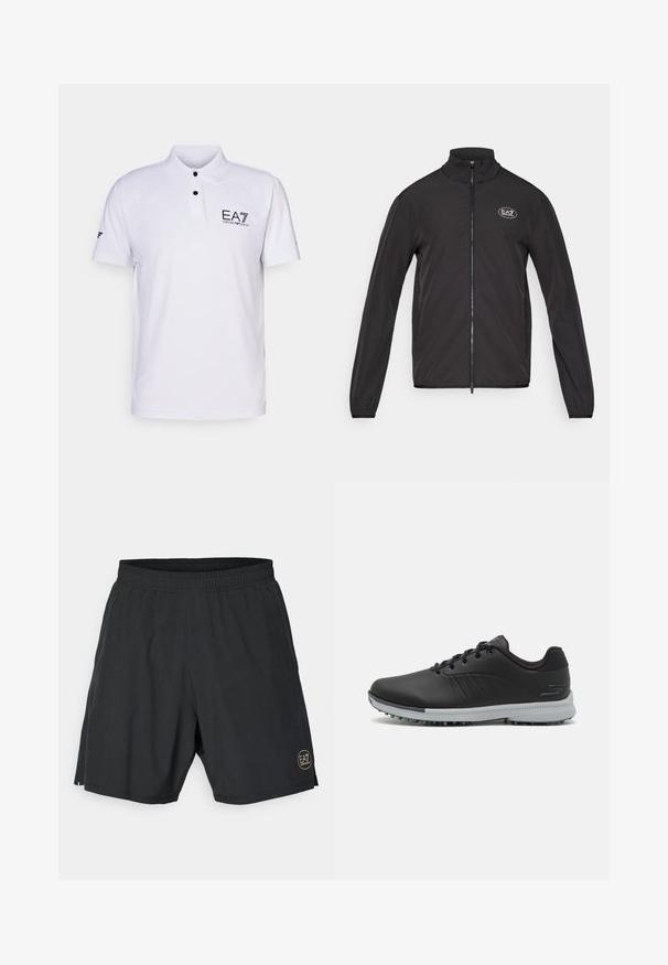 Fekete zipzáros dzseki magas gallérral, könnyű anyagból készült. Hosszú ujjak jellemzik és a bal felső mellkason egy kis EA7 logó található.; Fehér, textúrált anyagból készült polo póló, két gombos nyakkivágással, fekete EA7 logóval a mellrészen, valamint rövid ujjakkal, kiemelő részletekkel.; Fekete sportnadrág könnyű anyagból, rugalmas derékpánttal és arany színű kör alakú logóval a jobb alsó oldalon.; Fekete szintetikus golfcipők texturált felsőrésszel, fűzős kialakítással és szürke talppal, amelyen tüskék találhatók a tapadás érdekében.