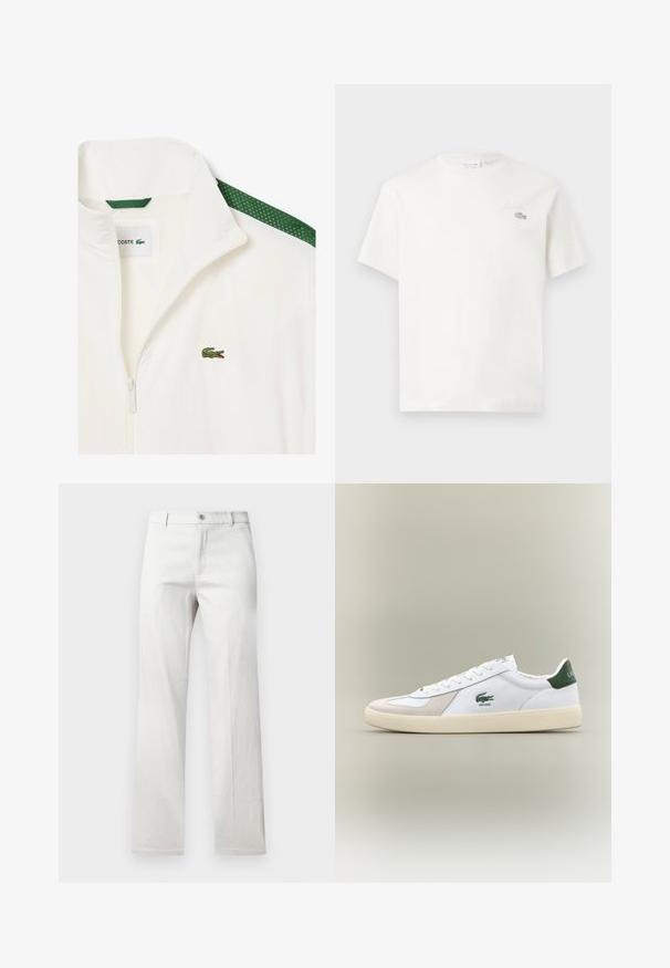 Veste blanche à fermeture éclair avec des accents en maille verte sur les épaules et un petit logo de crocodile vert sur la poitrine. Matériau léger.; T-shirt en coton blanc à manches courtes, avec un logo brodé subtil et un design minimaliste. Texture douce, col rond.; Pantalon gris clair avec une coupe droite, fabriqué dans un tissu lisse, doté d'une fermeture à bouton à l'avant et de poches latérales.; Baskets blanches avec accents verts, en matériaux en daim et en cuir, à bout rond, semelle texturée et logo brodé sur le côté et la languette.