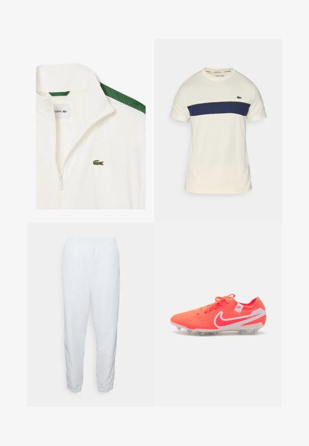 Valge tõmblukuga jakk, mille õlgadel on rohelised võrkdetaile ja rinnal väike roheline krokodillilogo. Kerge materjal.; Kreemist ja tumesinist Lacoste T-särki ümmarguse kaelusega, lühikeste varrukatega ja horisontaalse värviplokkiga. Omab roheline krokodillilogo.; Valged, kergekaalulised, elastse vööga püksid kitsaste jalgade ja elastsete mansettidega. Sile tekstuur, nähtamatud mustrid või metallist elemendid.; Erkkk kollane Nike jalgpallijalats, millel on tekstuuriga ülemine osa, valged aktsendid ja paelad. Omab valatud ninasid, mis pakuvad haardumist rohupindadel.