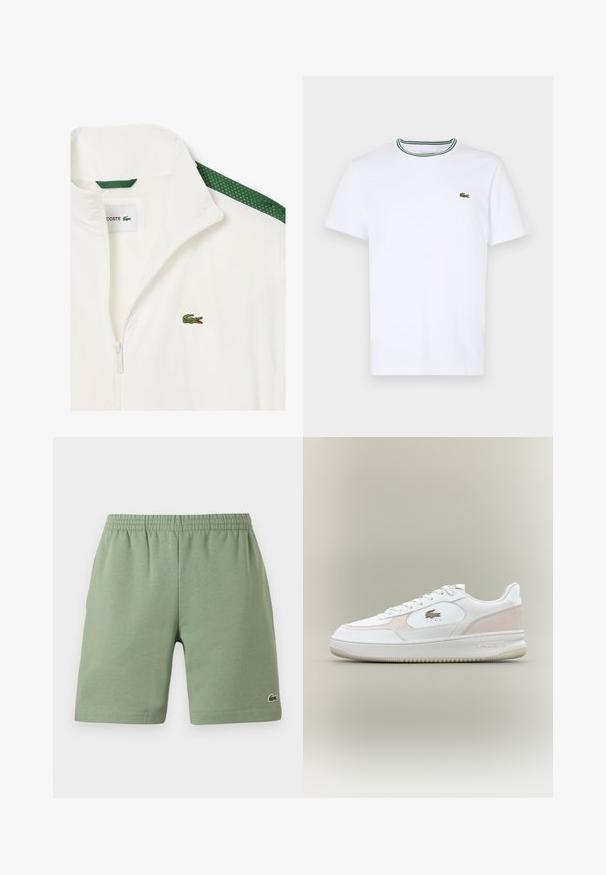 White zip-up jacket with green mesh accents on the shoulders and a small green crocodile logo on the chest. Lightweight material.; White cotton short-sleeve T-shirt with a ribbed collar featuring green and black stripes; small green embroidered logo on left chest.; Green cotton shorts with an elastic waistband, relaxed fit, and a small embroidered logo on the lower left side. Smooth texture, no pockets.; White sneakers with smooth leather upper, suede accents, and rubber sole. Features embossed logo and lace-up design. Minimalist aesthetic.