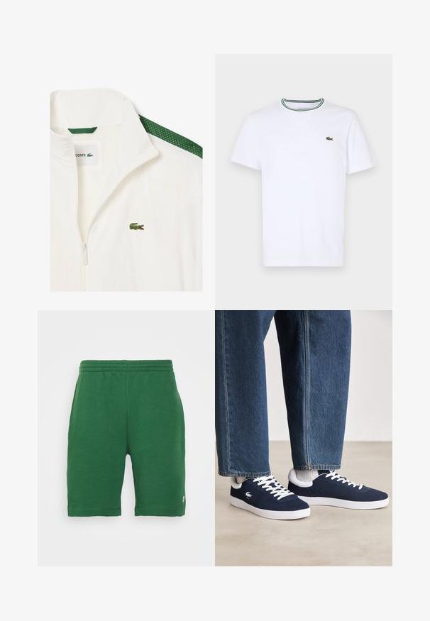 Bijela jakna na patentni zatvarač s zelenim mrežastim detaljima na ramenima i malim zelenim logotipom krokodila na prsima. Lagani materijal.; Bijela pamučna majica kratkih rukava s rebrastim ovratnikom koja ima zelene i crne pruge; mali zeleni izvezeni logo na lijevoj strani prsnog koša.; Zeleni kratki hlače s elastičnim pojasom i bočnim džepovima, s malim logotipom na lijevoj nozi. Glatka tekstura, do koljena.; Plave platnene tenisice s bijelim vezicama i gumenim potplatima, prikazane s traper hlačama i sivim rebrastim čarapama, na svijetlosivoj površini.